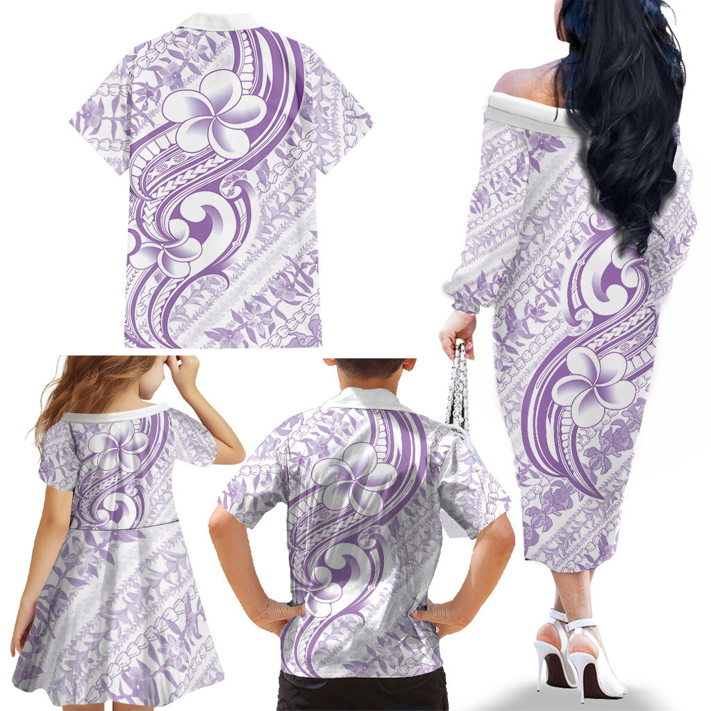 Hawaii Plumeria Lokelani Pikake Lei Family Matching Off The Shoulder Long Sleeve Dress and Hawaiian Shirt Poni Polynesian Tattoo