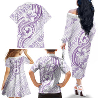 Hawaii Plumeria Lokelani Pikake Lei Family Matching Off The Shoulder Long Sleeve Dress and Hawaiian Shirt Poni Polynesian Tattoo