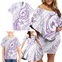 Hawaii Plumeria Lokelani Pikake Lei Family Matching Off Shoulder Short Dress and Hawaiian Shirt Poni Polynesian Tattoo