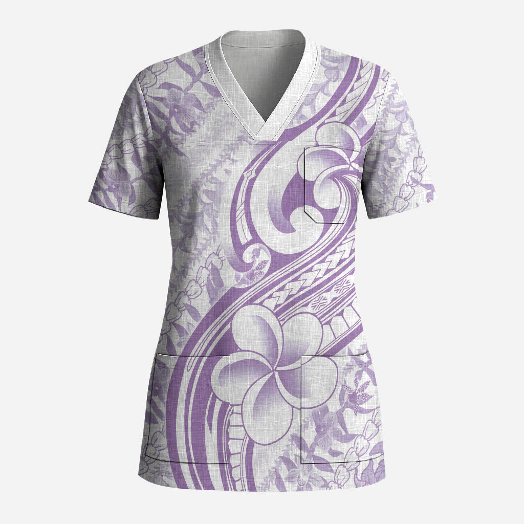 Hawaii Plumeria Lokelani Pikake Lei Scrub Top Poni Polynesian Tattoo LT9 Adult Purple - Polynesian Pride