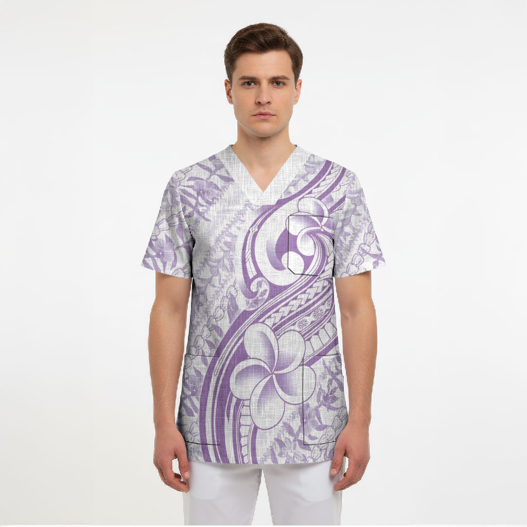 Hawaii Plumeria Lokelani Pikake Lei Scrub Top Poni Polynesian Tattoo