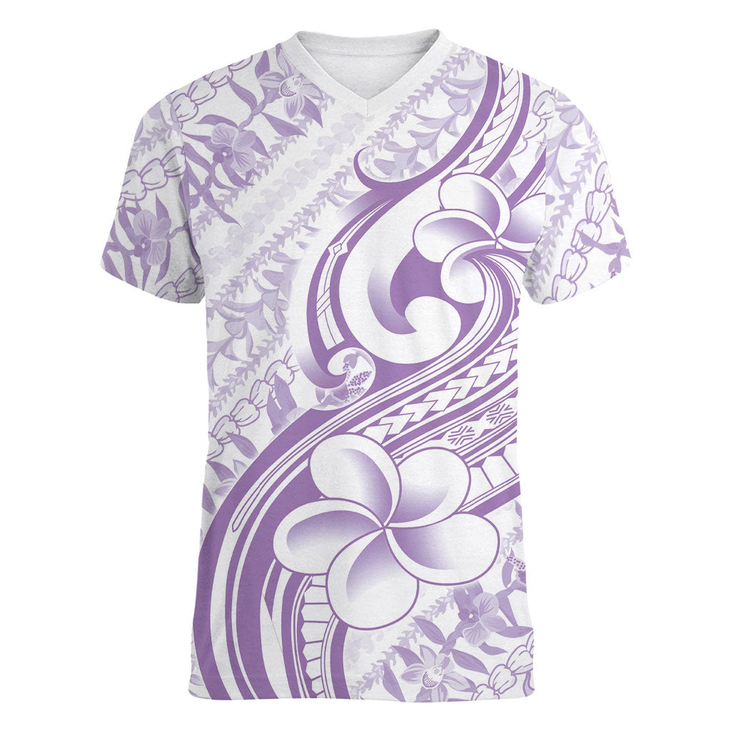 Hawaii Plumeria Lokelani Pikake Lei Women V-Neck T-Shirt Poni Polynesian Tattoo LT9 Female Purple - Polynesian Pride