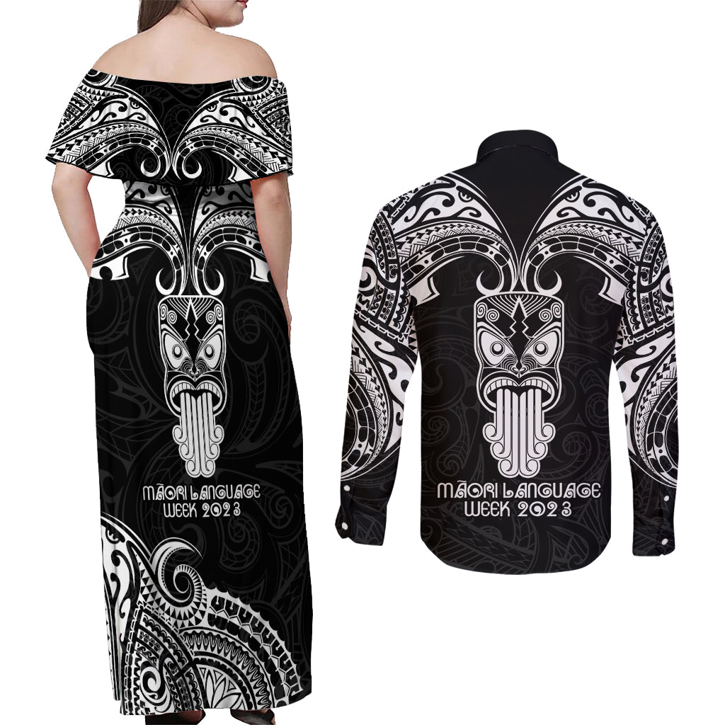 New Zealand Te Reo Maori Couples Matching Off Shoulder Maxi Dress and Long Sleeve Button Shirts Kia Kaha Maori Language Week Black Style LT9 - Polynesian Pride