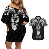 New Zealand Te Reo Maori Couples Matching Off Shoulder Short Dress and Hawaiian Shirt Kia Kaha Maori Language Week Black Style LT9 Black - Polynesian Pride