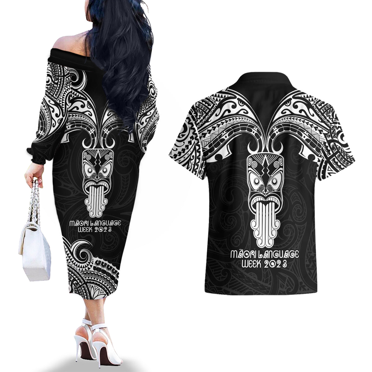 New Zealand Te Reo Maori Couples Matching Off The Shoulder Long Sleeve Dress and Hawaiian Shirt Kia Kaha Maori Language Week Black Style LT9 - Polynesian Pride