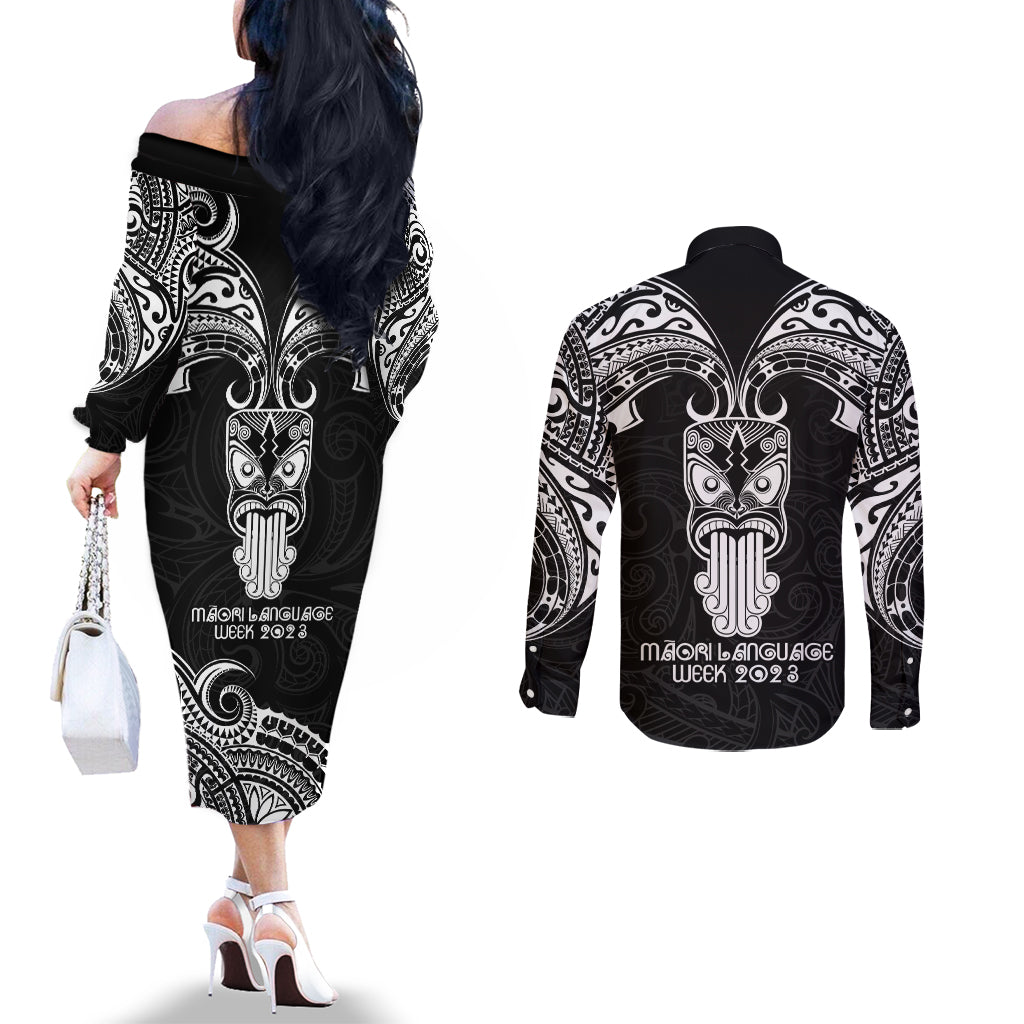 New Zealand Te Reo Maori Couples Matching Off The Shoulder Long Sleeve Dress and Long Sleeve Button Shirts Kia Kaha Maori Language Week Black Style LT9 - Polynesian Pride