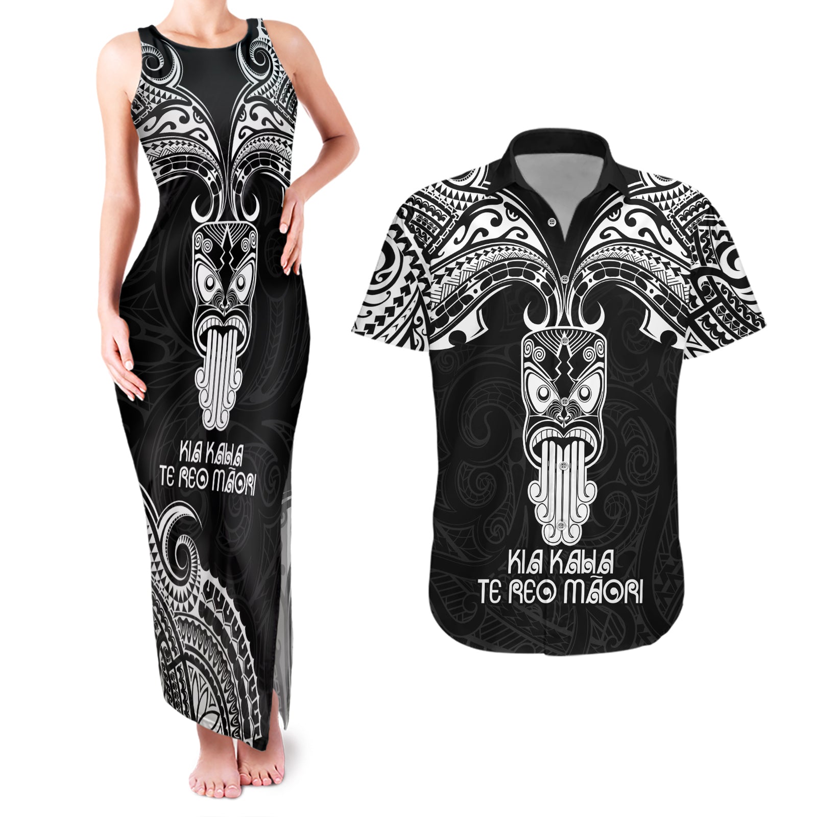 New Zealand Te Reo Maori Couples Matching Tank Maxi Dress and Hawaiian Shirt Kia Kaha Maori Language Week Black Style LT9 Black - Polynesian Pride