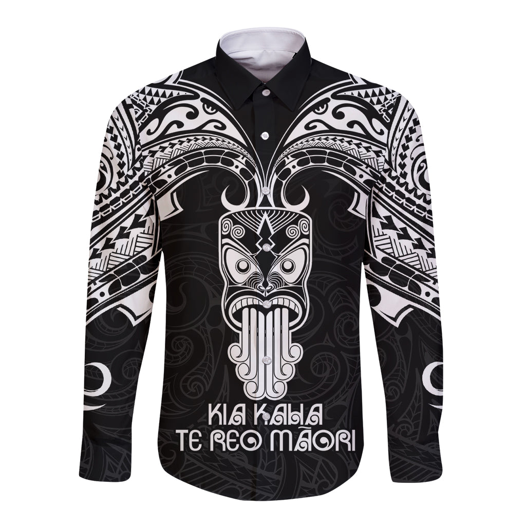 New Zealand Te Reo Maori Long Sleeve Button Shirt Kia Kaha Maori Language Week Black Style LT9 Unisex Black - Polynesian Pride