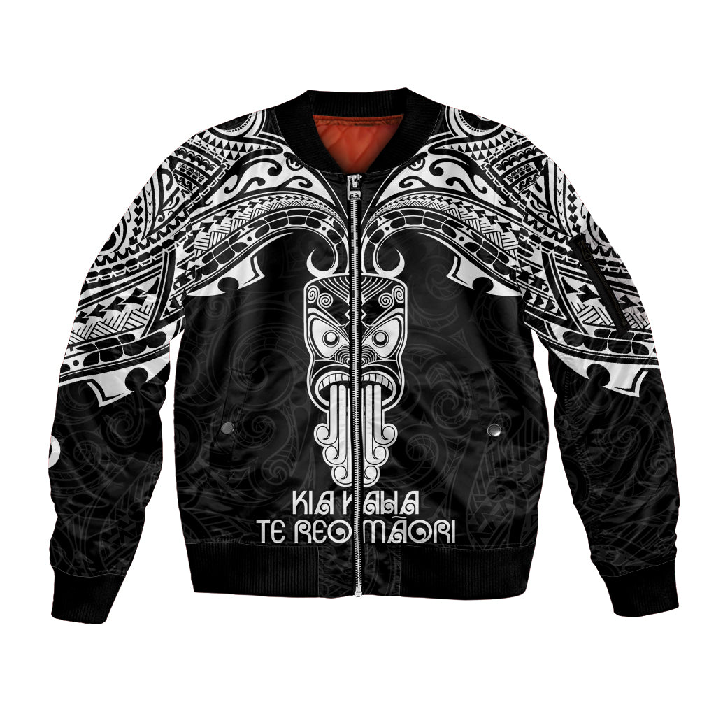 New Zealand Te Reo Maori Sleeve Zip Bomber Jacket Kia Kaha Maori Language Week Black Style LT9 Unisex Black - Polynesian Pride