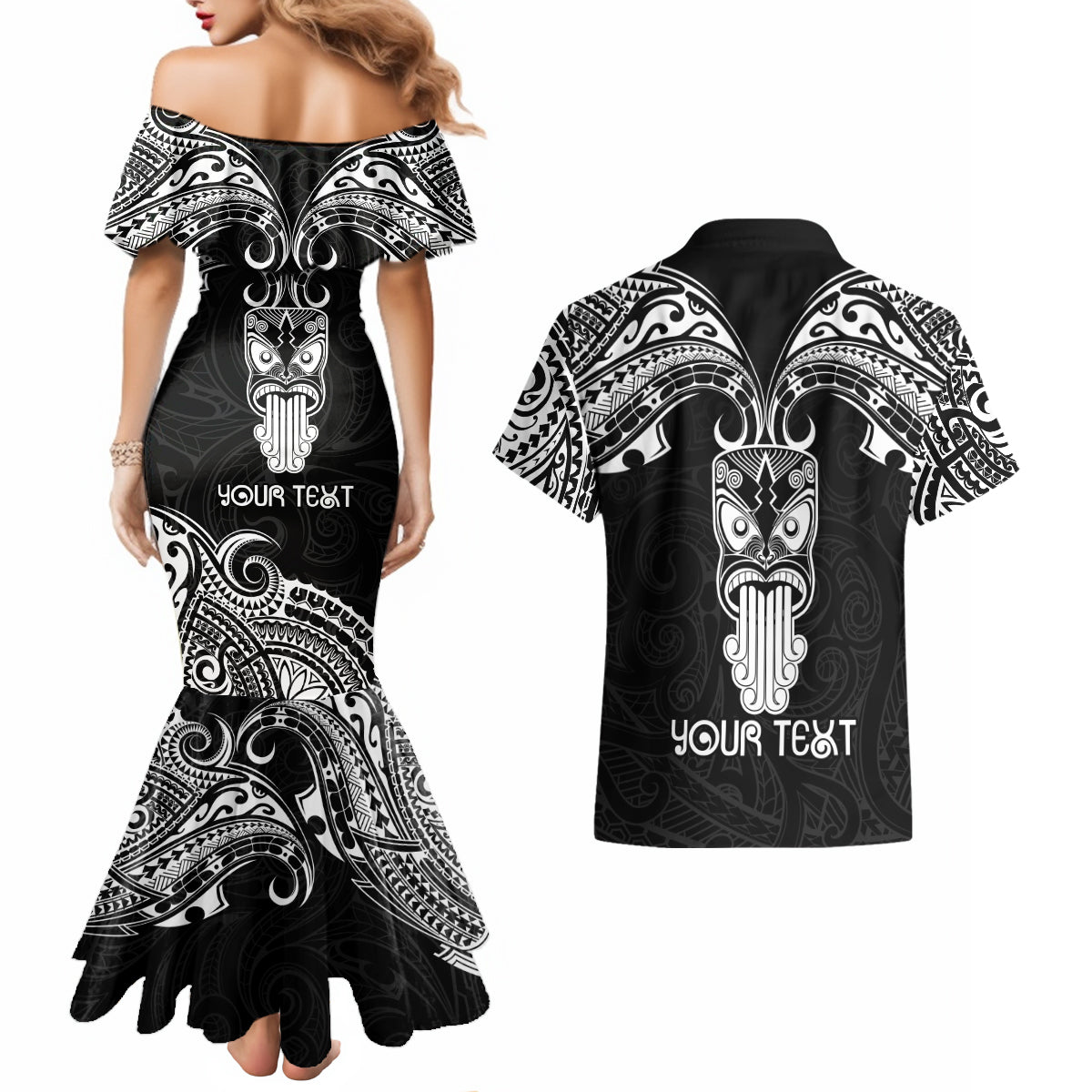 Personalised New Zealand Te Reo Maori Couples Matching Mermaid Dress and Hawaiian Shirt Kia Kaha Maori Language Week Black Style LT9 - Polynesian Pride