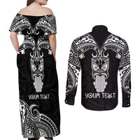 Personalised New Zealand Te Reo Maori Couples Matching Off Shoulder Maxi Dress and Long Sleeve Button Shirts Kia Kaha Maori Language Week Black Style LT9 - Polynesian Pride