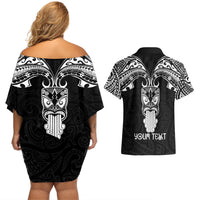 Personalised New Zealand Te Reo Maori Couples Matching Off Shoulder Short Dress and Hawaiian Shirt Kia Kaha Maori Language Week Black Style LT9 - Polynesian Pride