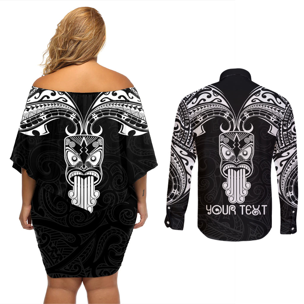 Personalised New Zealand Te Reo Maori Couples Matching Off Shoulder Short Dress and Long Sleeve Button Shirts Kia Kaha Maori Language Week Black Style LT9 - Polynesian Pride