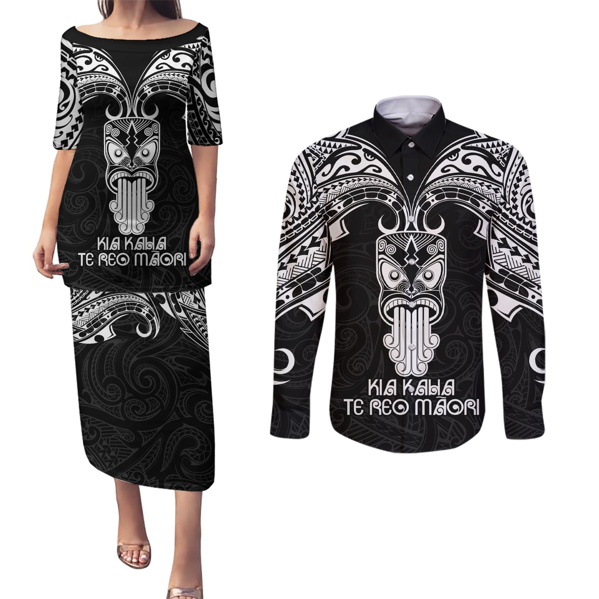 Personalised New Zealand Te Reo Maori Couples Matching Puletasi Dress and Long Sleeve Button Shirts Kia Kaha Maori Language Week Black Style LT9 Black - Polynesian Pride