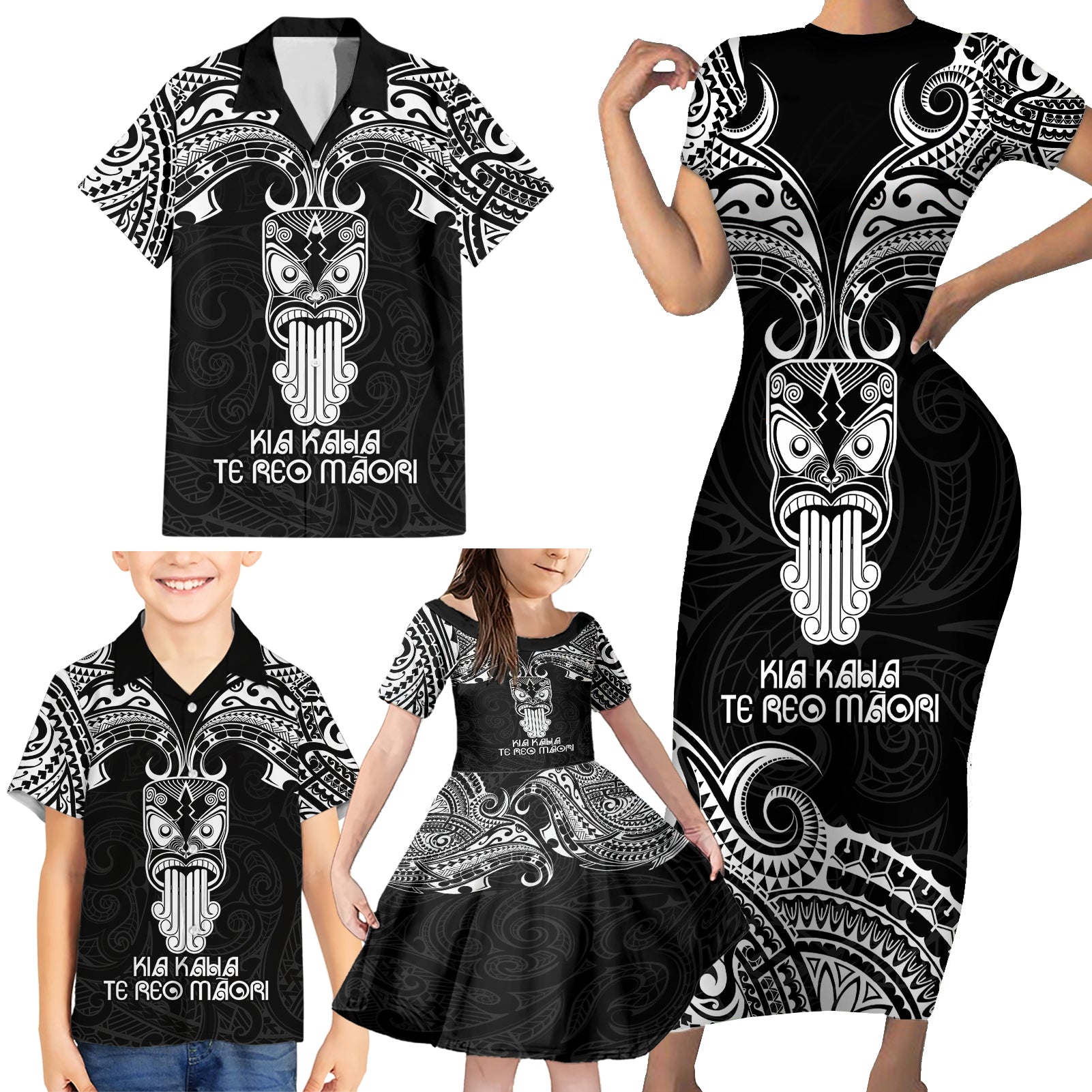 Personalised New Zealand Te Reo Maori Family Matching Short Sleeve Bodycon Dress and Hawaiian Shirt Kia Kaha Maori Language Week Black Style LT9 - Polynesian Pride
