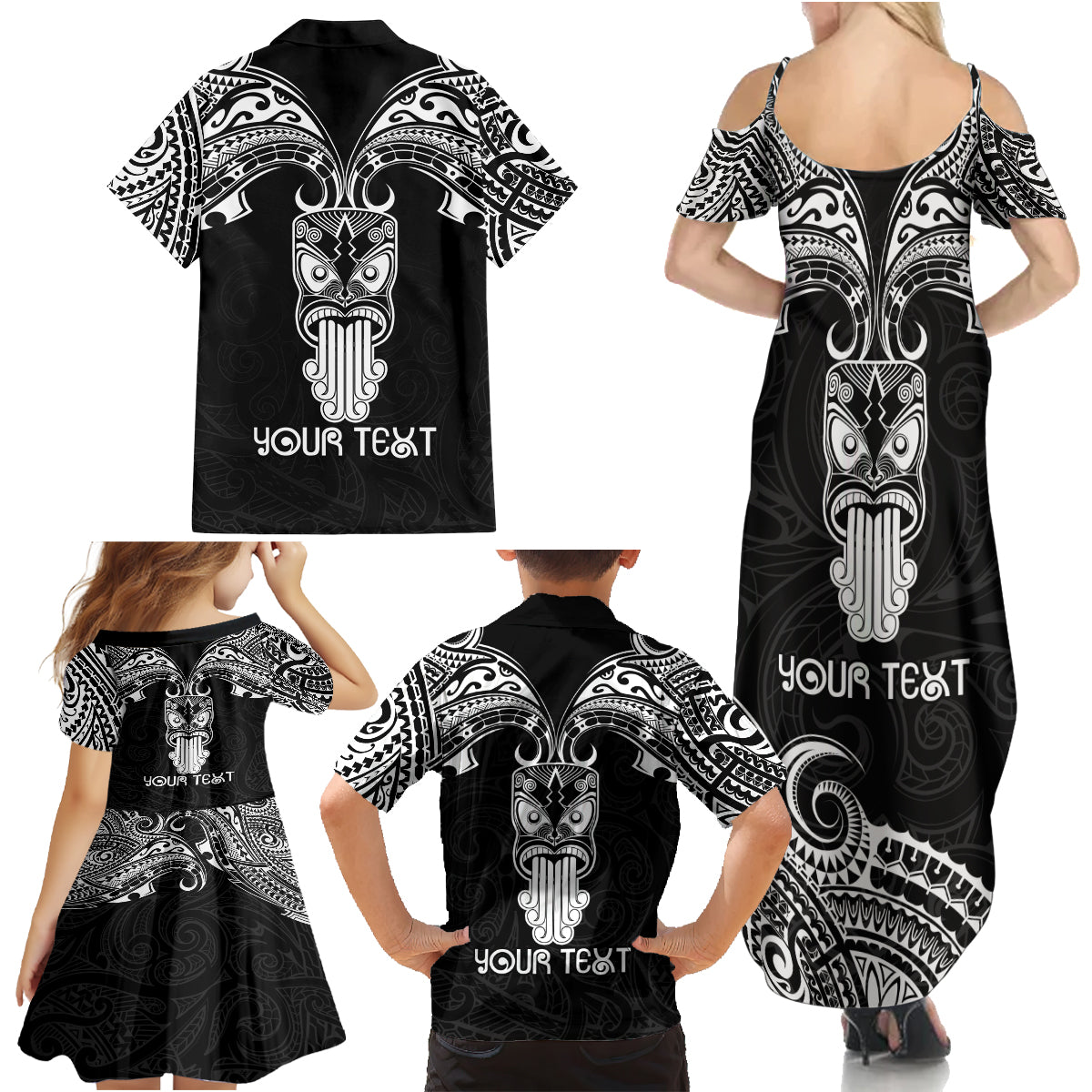 Personalised New Zealand Te Reo Maori Family Matching Summer Maxi Dress and Hawaiian Shirt Kia Kaha Maori Language Week Black Style LT9 - Polynesian Pride