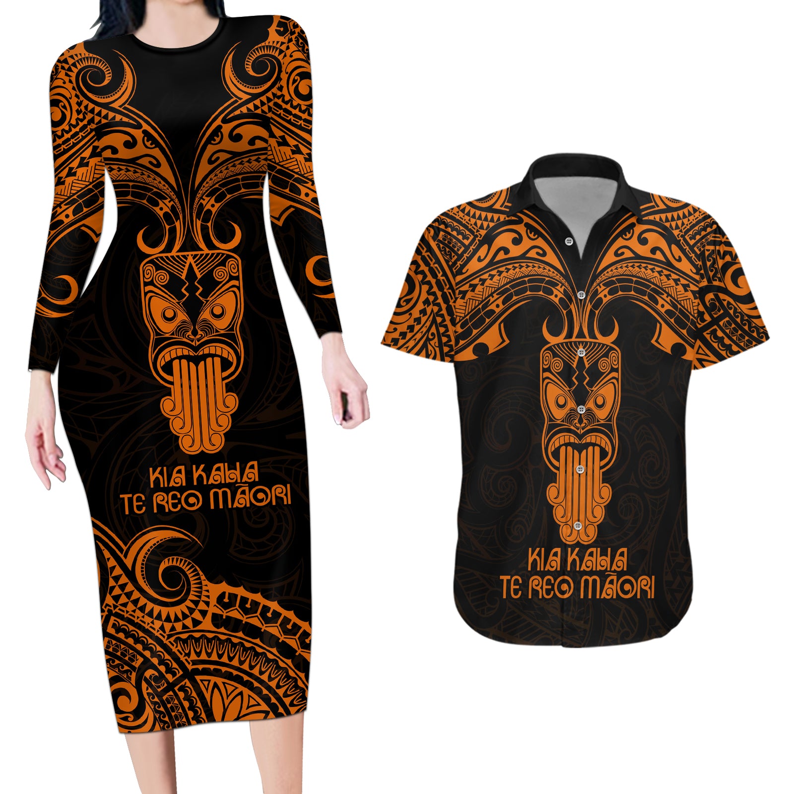Personalised New Zealand Te Reo Maori Couples Matching Long Sleeve Bodycon Dress and Hawaiian Shirt Kia Kaha Maori Language Week Gold Style LT9 Gold - Polynesian Pride