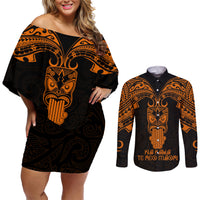 Personalised New Zealand Te Reo Maori Couples Matching Off Shoulder Short Dress and Long Sleeve Button Shirts Kia Kaha Maori Language Week Gold Style LT9 Gold - Polynesian Pride