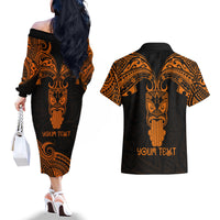 Personalised New Zealand Te Reo Maori Couples Matching Off The Shoulder Long Sleeve Dress and Hawaiian Shirt Kia Kaha Maori Language Week Gold Style LT9 - Polynesian Pride