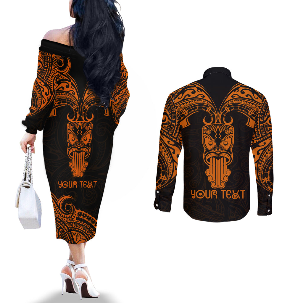 Personalised New Zealand Te Reo Maori Couples Matching Off The Shoulder Long Sleeve Dress and Long Sleeve Button Shirts Kia Kaha Maori Language Week Gold Style LT9 - Polynesian Pride
