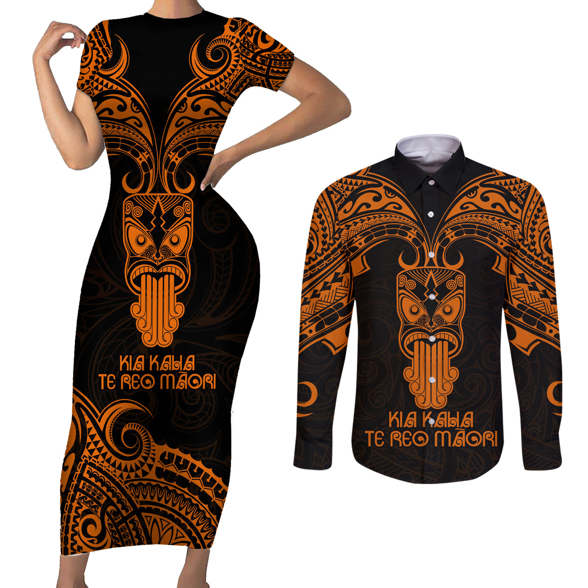 Personalised New Zealand Te Reo Maori Couples Matching Short Sleeve Bodycon Dress and Long Sleeve Button Shirts Kia Kaha Maori Language Week Gold Style LT9 Gold - Polynesian Pride