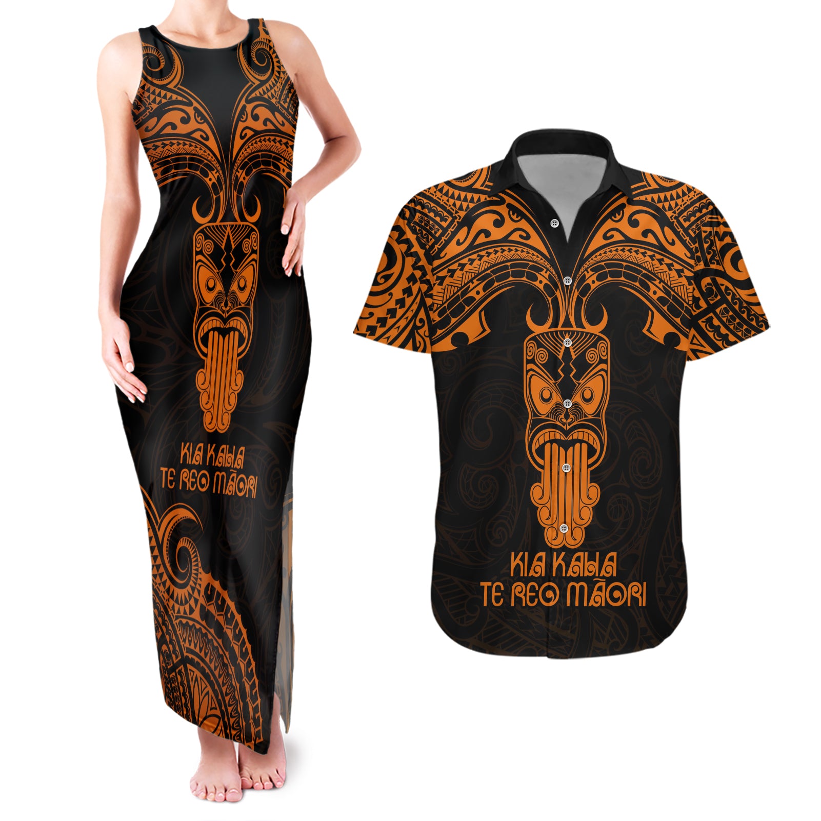 Personalised New Zealand Te Reo Maori Couples Matching Tank Maxi Dress and Hawaiian Shirt Kia Kaha Maori Language Week Gold Style LT9 Gold - Polynesian Pride