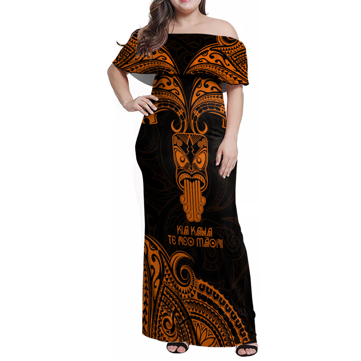 Personalised New Zealand Te Reo Maori Family Matching Off Shoulder Maxi Dress and Hawaiian Shirt Kia Kaha Maori Language Week Gold Style LT9 Mom's Dress Gold - Polynesian Pride