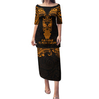 Personalised New Zealand Te Reo Maori Family Matching Puletasi Dress and Hawaiian Shirt Kia Kaha Maori Language Week Gold Style LT9 Mom's Dress Gold - Polynesian Pride