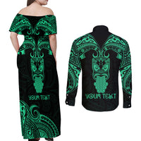 Personalised New Zealand Te Reo Maori Couples Matching Off Shoulder Maxi Dress and Long Sleeve Button Shirts Kia Kaha Maori Language Week Green Style LT9 - Polynesian Pride