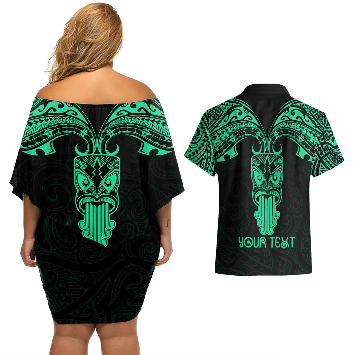 Personalised New Zealand Te Reo Maori Couples Matching Off Shoulder Short Dress and Hawaiian Shirt Kia Kaha Maori Language Week Green Style LT9 - Polynesian Pride