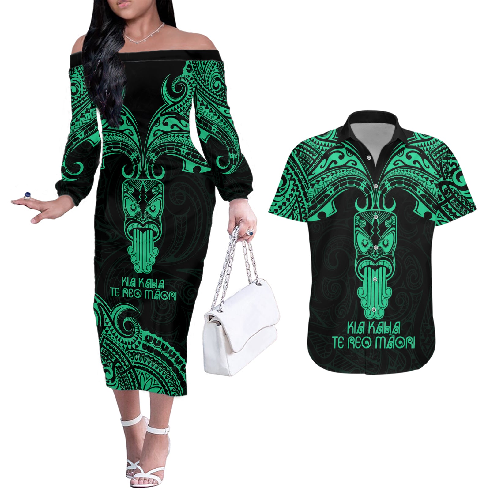 Personalised New Zealand Te Reo Maori Couples Matching Off The Shoulder Long Sleeve Dress and Hawaiian Shirt Kia Kaha Maori Language Week Green Style LT9 Green - Polynesian Pride