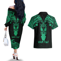 Personalised New Zealand Te Reo Maori Couples Matching Off The Shoulder Long Sleeve Dress and Hawaiian Shirt Kia Kaha Maori Language Week Green Style LT9 - Polynesian Pride