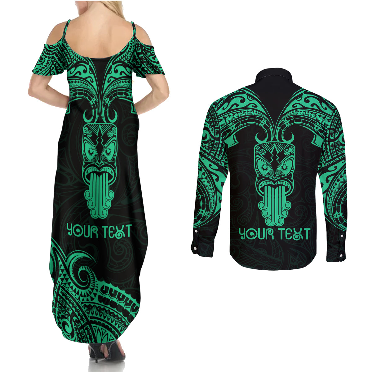Personalised New Zealand Te Reo Maori Couples Matching Summer Maxi Dress and Long Sleeve Button Shirts Kia Kaha Maori Language Week Green Style LT9 - Polynesian Pride