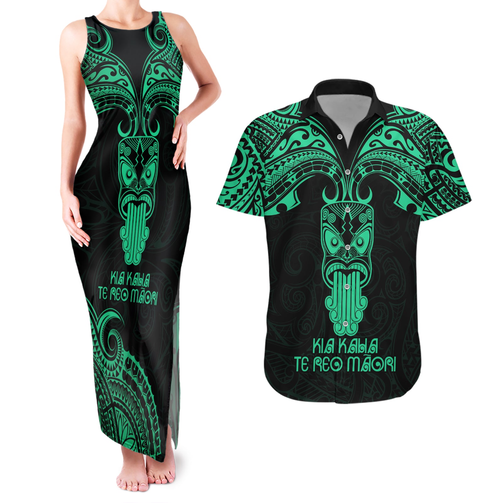 Personalised New Zealand Te Reo Maori Couples Matching Tank Maxi Dress and Hawaiian Shirt Kia Kaha Maori Language Week Green Style LT9 Green - Polynesian Pride