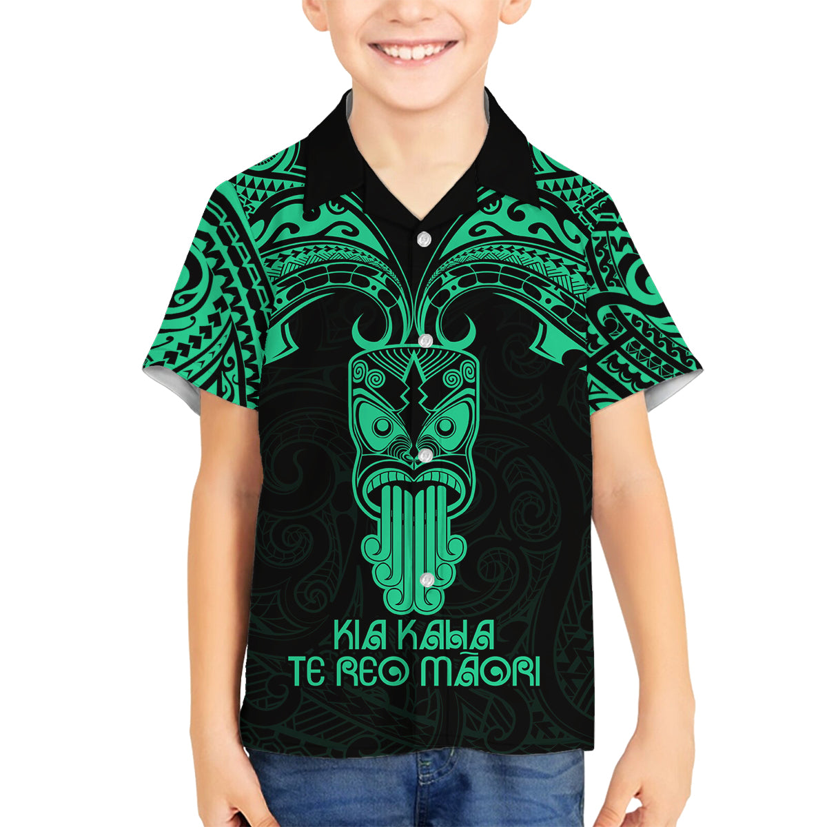 Personalised New Zealand Te Reo Maori Family Matching Off Shoulder Long Sleeve Dress and Hawaiian Shirt Kia Kaha Maori Language Week Green Style LT9 Son's Shirt Green - Polynesian Pride