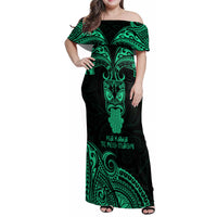 Personalised New Zealand Te Reo Maori Family Matching Off Shoulder Maxi Dress and Hawaiian Shirt Kia Kaha Maori Language Week Green Style LT9 Mom's Dress Green - Polynesian Pride