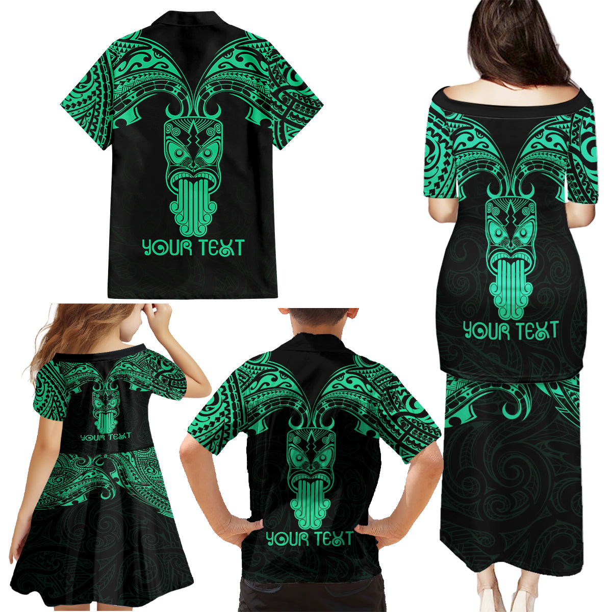 Personalised New Zealand Te Reo Maori Family Matching Puletasi Dress and Hawaiian Shirt Kia Kaha Maori Language Week Green Style LT9 - Polynesian Pride