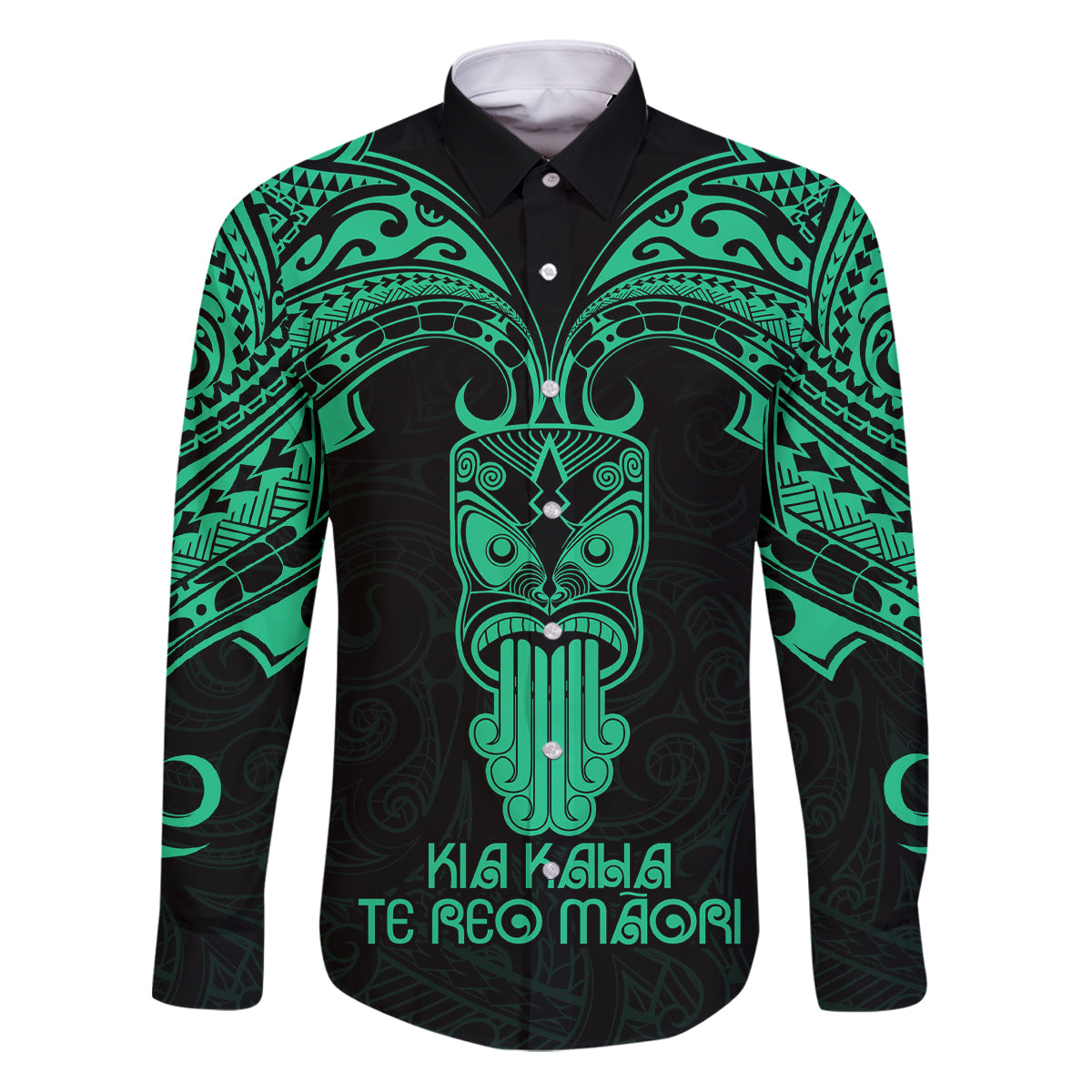 Personalised New Zealand Te Reo Maori Family Matching Puletasi Dress and Hawaiian Shirt Kia Kaha Maori Language Week Green Style LT9 Dad's Shirt - Long Sleeve Green - Polynesian Pride