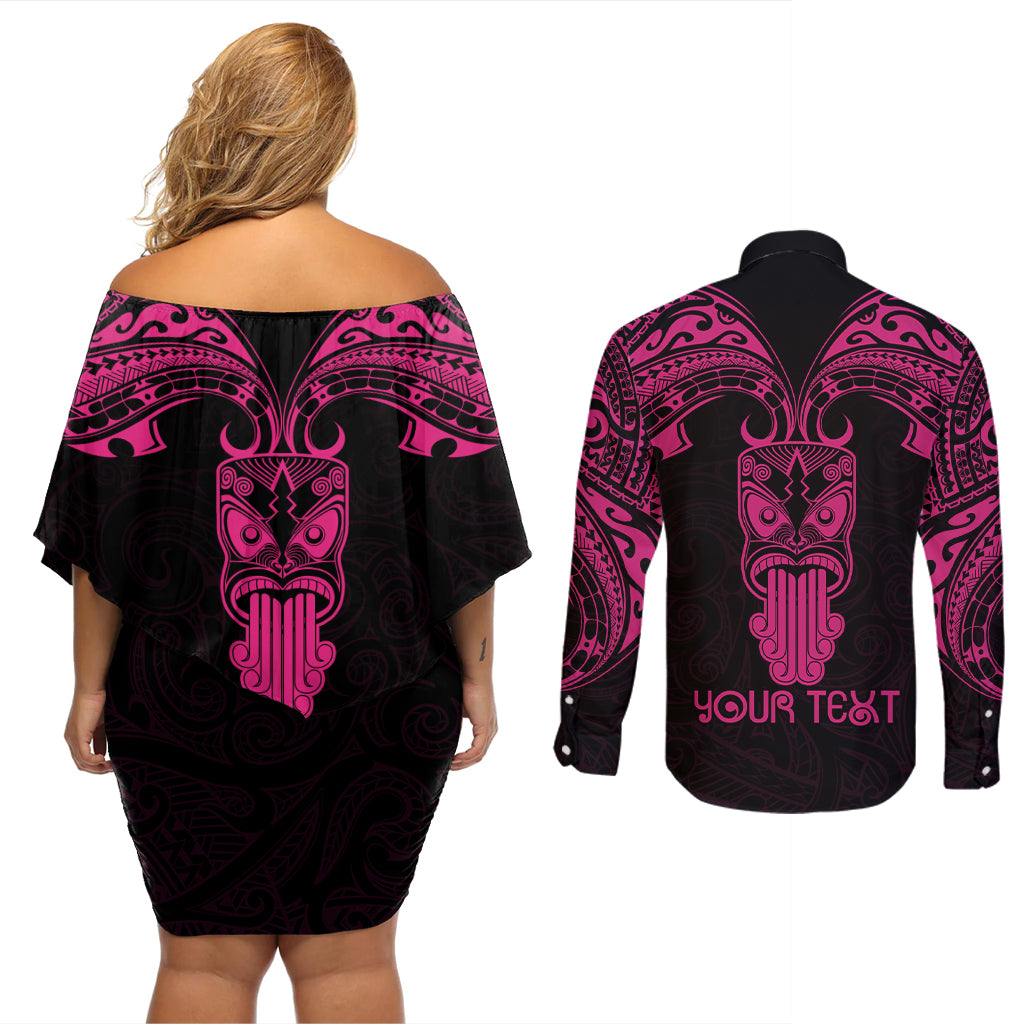 Personalised New Zealand Te Reo Maori Couples Matching Off Shoulder Short Dress and Long Sleeve Button Shirts Kia Kaha Maori Language Week Pink Style LT9 - Polynesian Pride