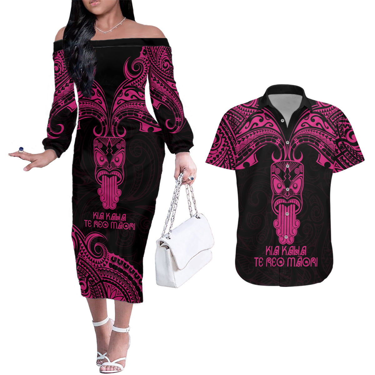 Personalised New Zealand Te Reo Maori Couples Matching Off The Shoulder Long Sleeve Dress and Hawaiian Shirt Kia Kaha Maori Language Week Pink Style LT9 Pink - Polynesian Pride