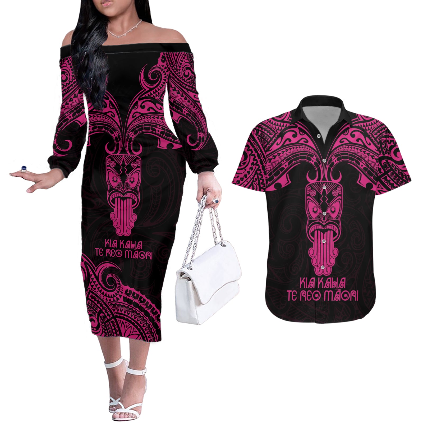 Personalised New Zealand Te Reo Maori Couples Matching Off The Shoulder Long Sleeve Dress and Hawaiian Shirt Kia Kaha Maori Language Week Pink Style LT9 Pink - Polynesian Pride
