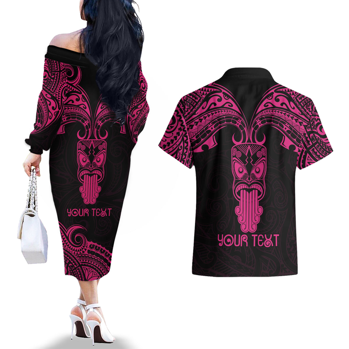 Personalised New Zealand Te Reo Maori Couples Matching Off The Shoulder Long Sleeve Dress and Hawaiian Shirt Kia Kaha Maori Language Week Pink Style LT9 - Polynesian Pride