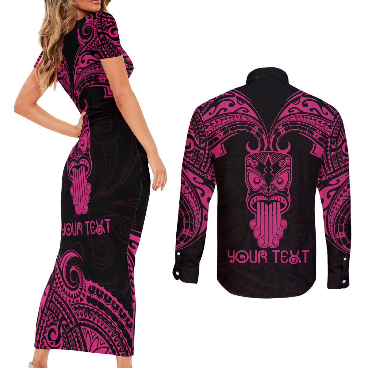 Personalised New Zealand Te Reo Maori Couples Matching Short Sleeve Bodycon Dress and Long Sleeve Button Shirts Kia Kaha Maori Language Week Pink Style LT9 - Polynesian Pride