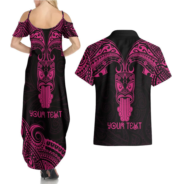 Personalised New Zealand Te Reo Maori Couples Matching Off Shoulder Maxi Dress and Long Sleeve Button Shirts Kia Kaha Maori Language Week Purple Style LT9 main image 1