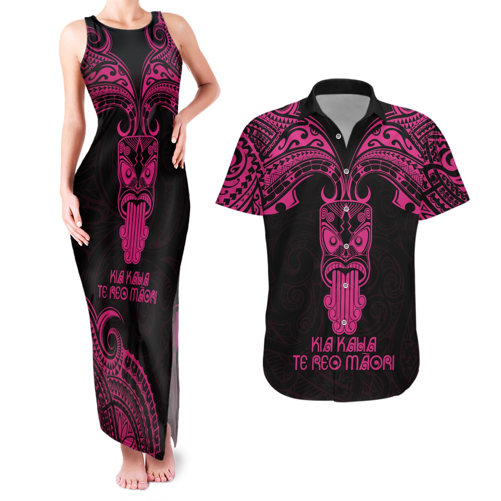 Personalised New Zealand Te Reo Maori Couples Matching Tank Maxi Dress and Hawaiian Shirt Kia Kaha Maori Language Week Pink Style LT9 Pink - Polynesian Pride