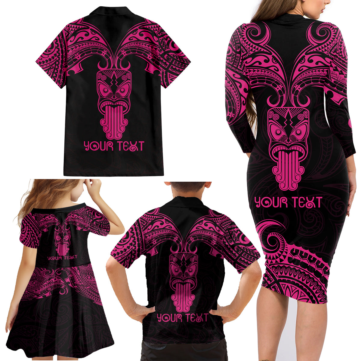 Personalised New Zealand Te Reo Maori Family Matching Long Sleeve Bodycon Dress and Hawaiian Shirt Kia Kaha Maori Language Week Pink Style LT9 - Polynesian Pride