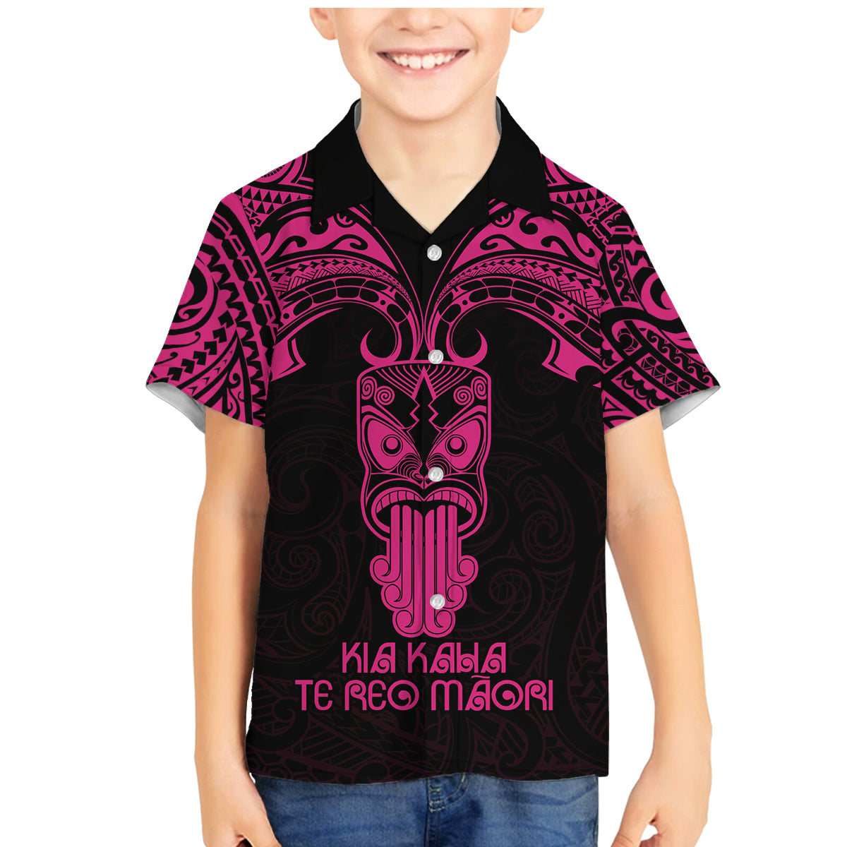 Personalised New Zealand Te Reo Maori Family Matching Mermaid Dress and Hawaiian Shirt Kia Kaha Maori Language Week Pink Style LT9 Son's Shirt Pink - Polynesian Pride