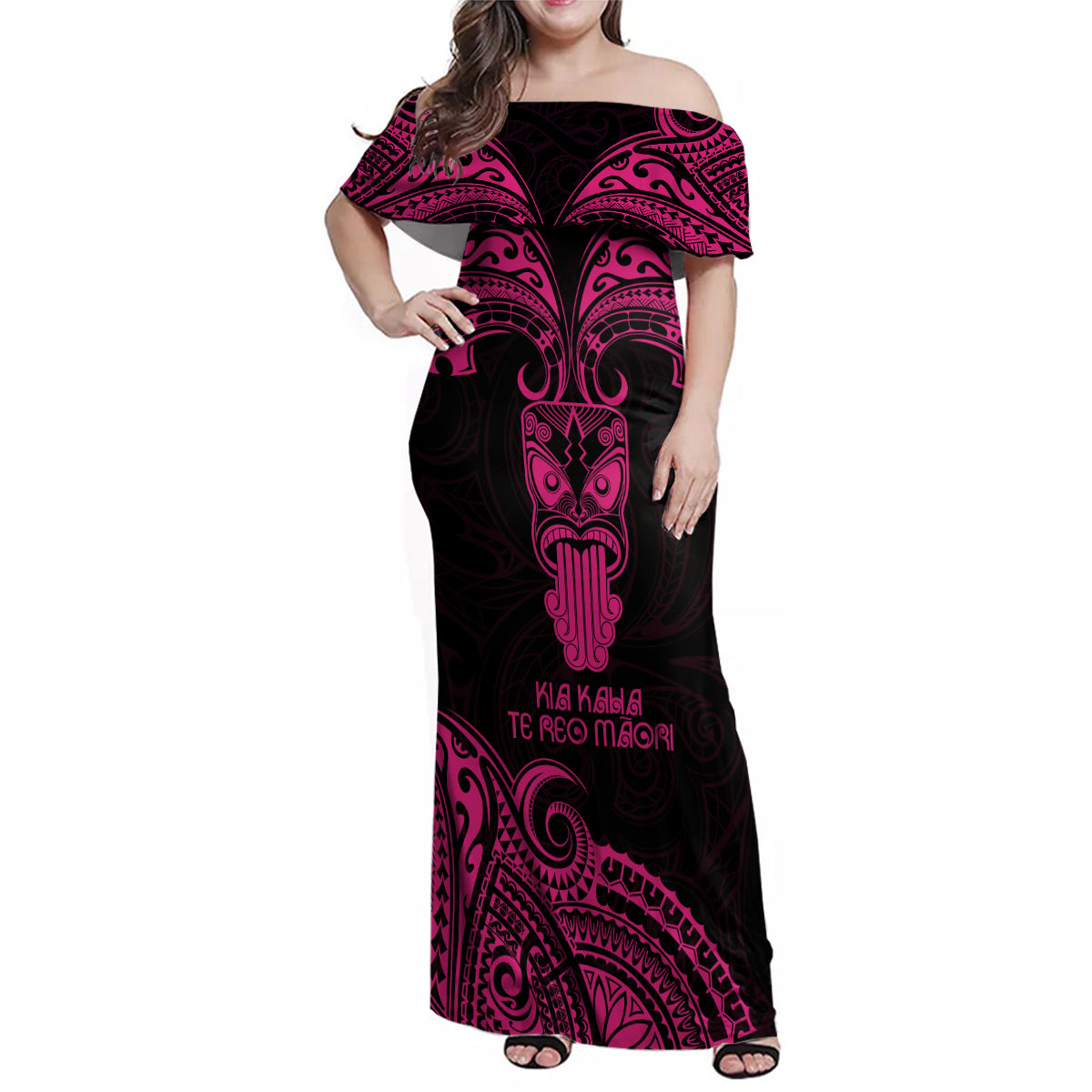 Personalised New Zealand Te Reo Maori Family Matching Off Shoulder Maxi Dress and Hawaiian Shirt Kia Kaha Maori Language Week Pink Style LT9 Mom's Dress Pink - Polynesian Pride