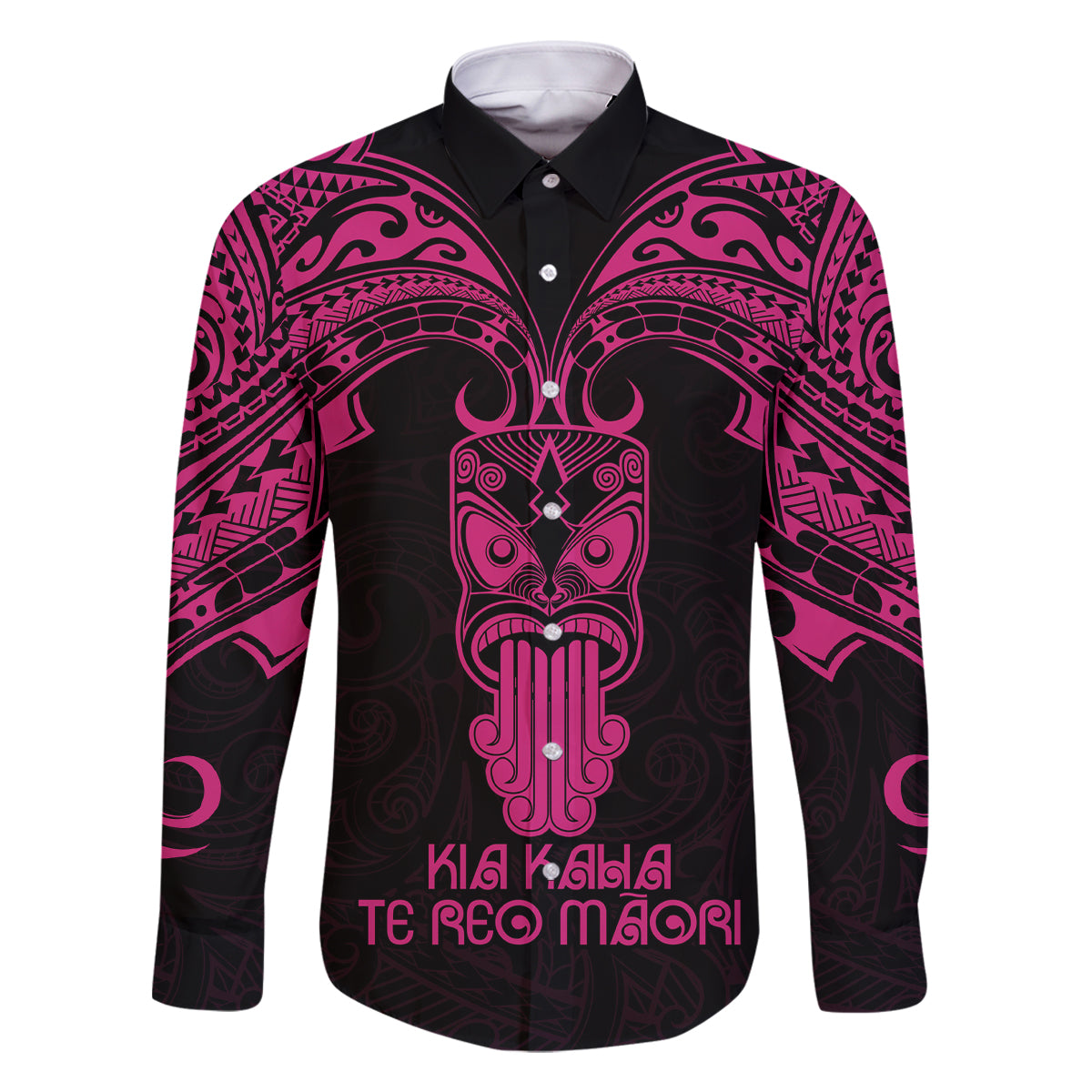 Personalised New Zealand Te Reo Maori Family Matching Off Shoulder Short Dress and Hawaiian Shirt Kia Kaha Maori Language Week Pink Style LT9 Dad's Shirt - Long Sleeve Pink - Polynesian Pride
