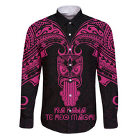 Personalised New Zealand Te Reo Maori Family Matching Puletasi Dress and Hawaiian Shirt Kia Kaha Maori Language Week Pink Style LT9 Dad's Shirt - Long Sleeve Pink - Polynesian Pride
